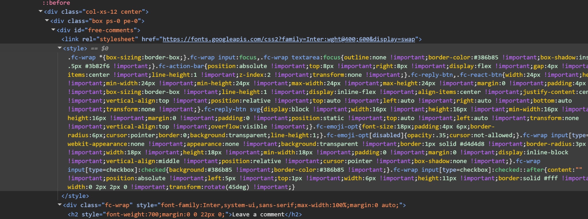 Browser DevTools showing custom CSS overriding Free Comments widget styles