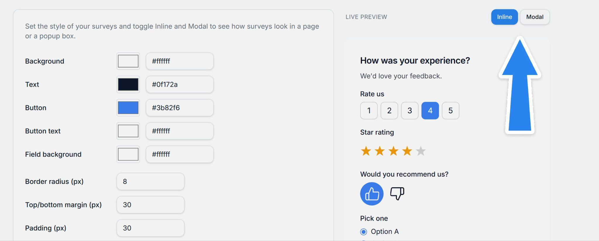 Style tab live preview toggling between Inline and Modal