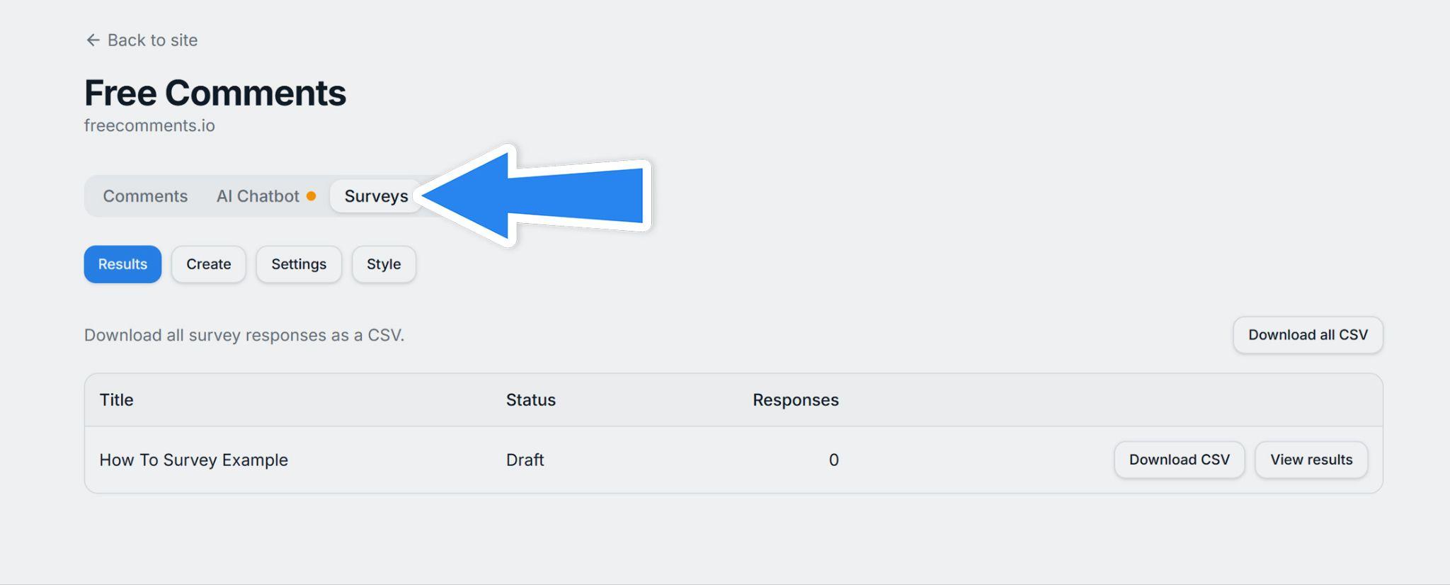 Site dashboard with the Surveys tab highlighted