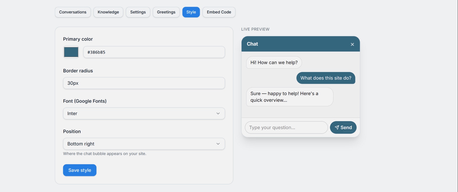 Chatbot style settings showing colour, border radius, font, position and live preview