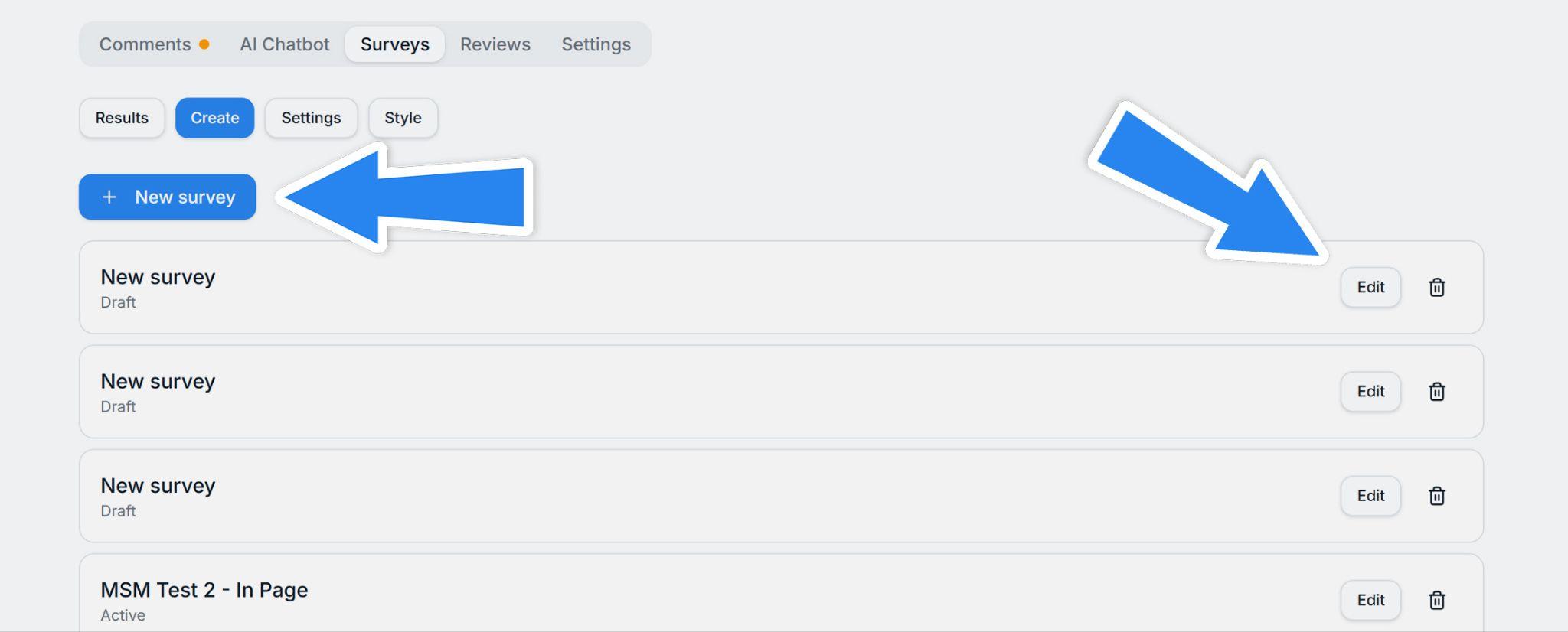 Surveys list with New survey button and existing drafts