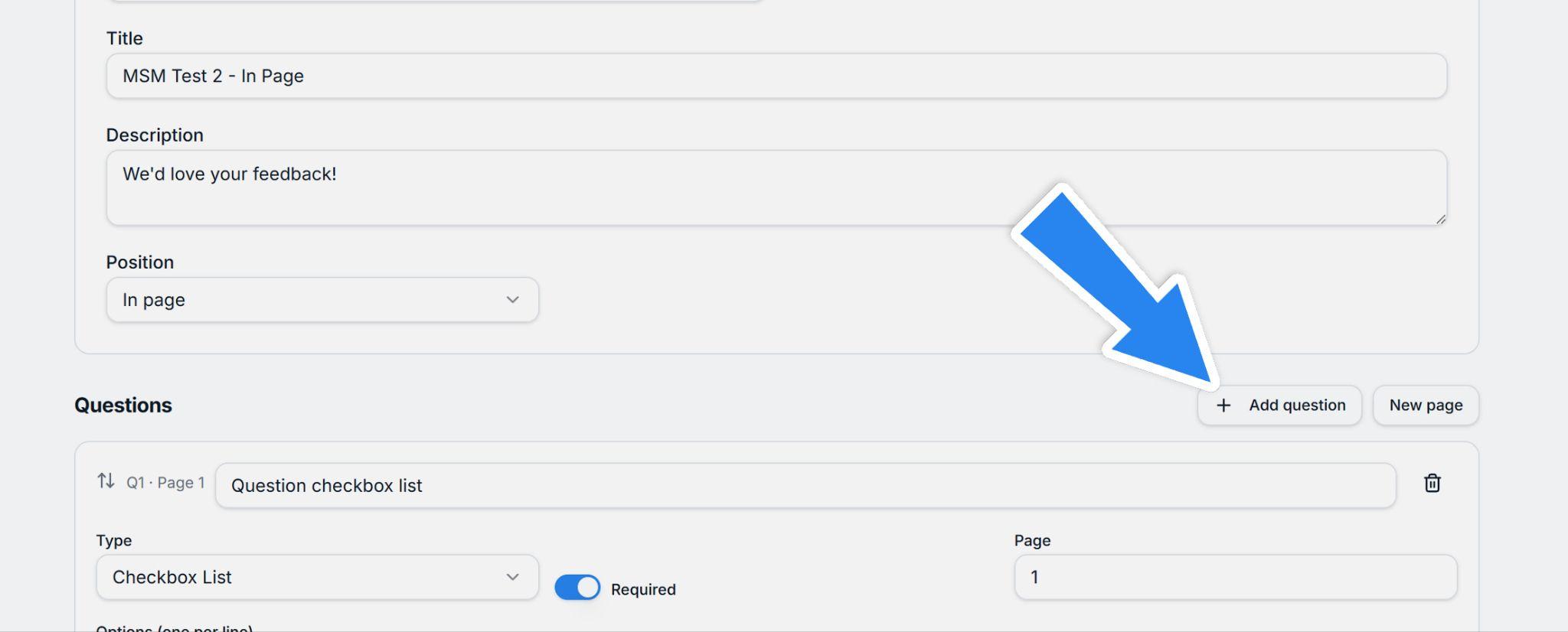 Question list with the New page button highlighted