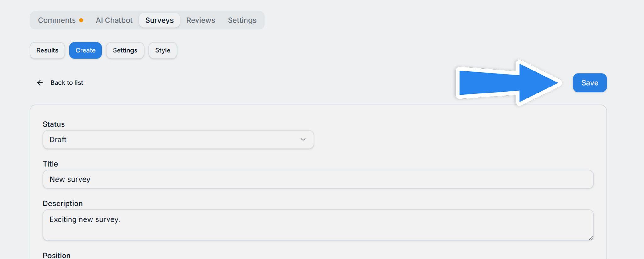 Survey editor with the Save button highlighted