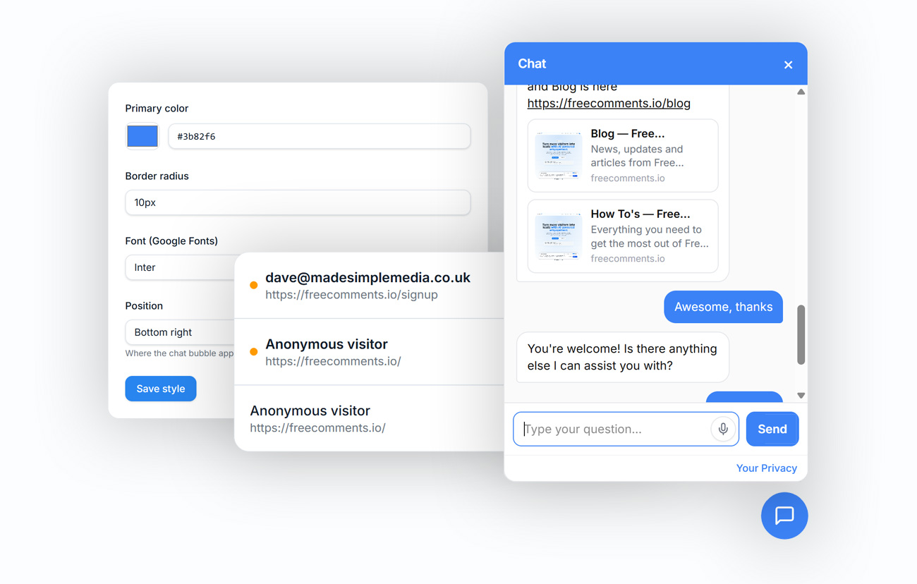 AI Chatbot widget and dashboard styling preview
