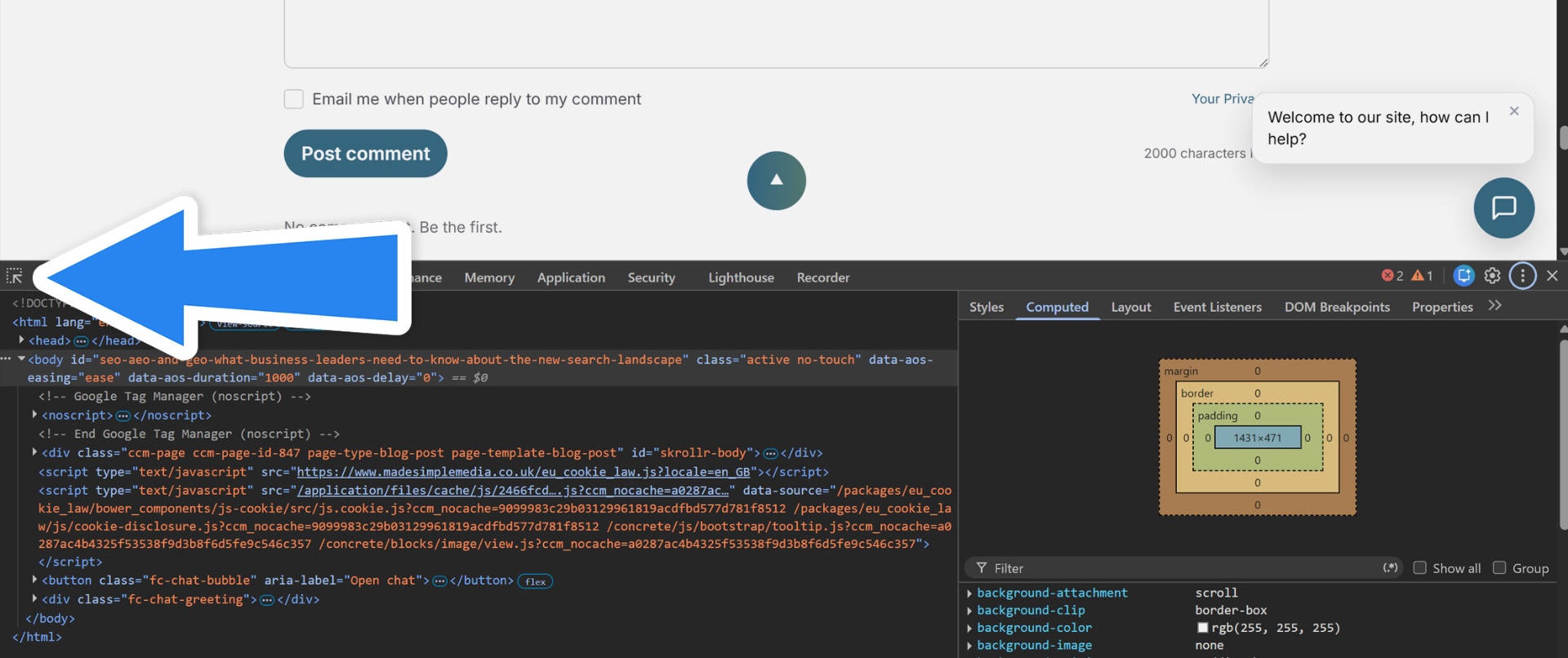 Chrome DevTools with the Inspect button highlighted and a chat widget selected on the page
