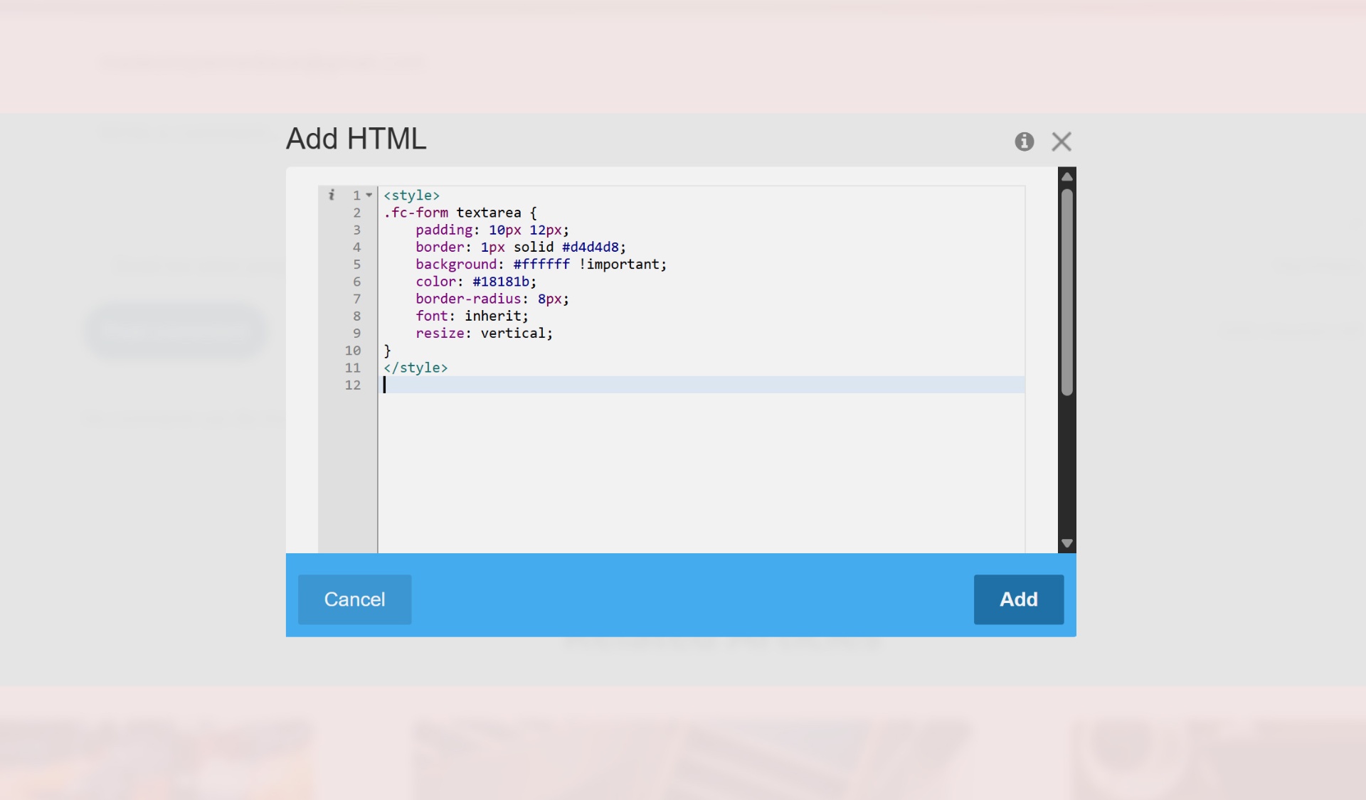 An Add HTML dialog in a CMS with a style block containing CSS for a Free Comments textarea
