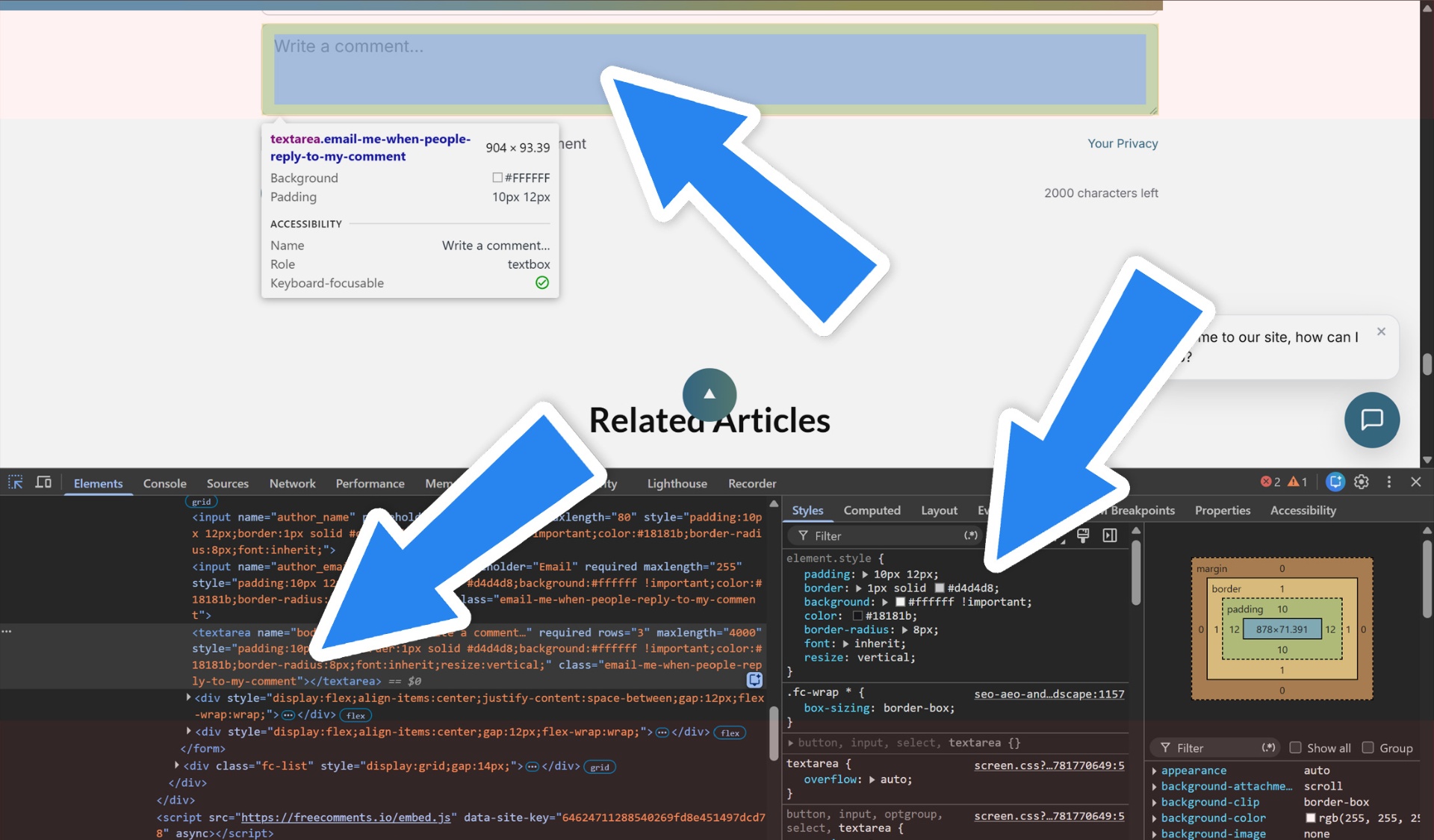 DevTools showing a comment textarea selected on the page and its CSS styles on the right