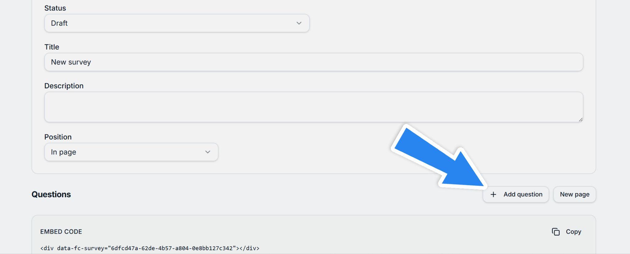 Survey editor with the Add question button highlighted