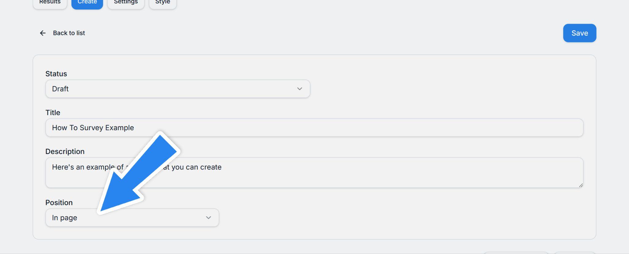 Survey settings with the Position setting highlighted