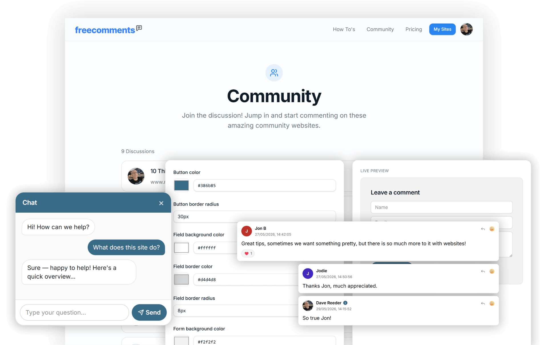 Free Comments dashboard, embedded comment form, and AI chatbot widget preview