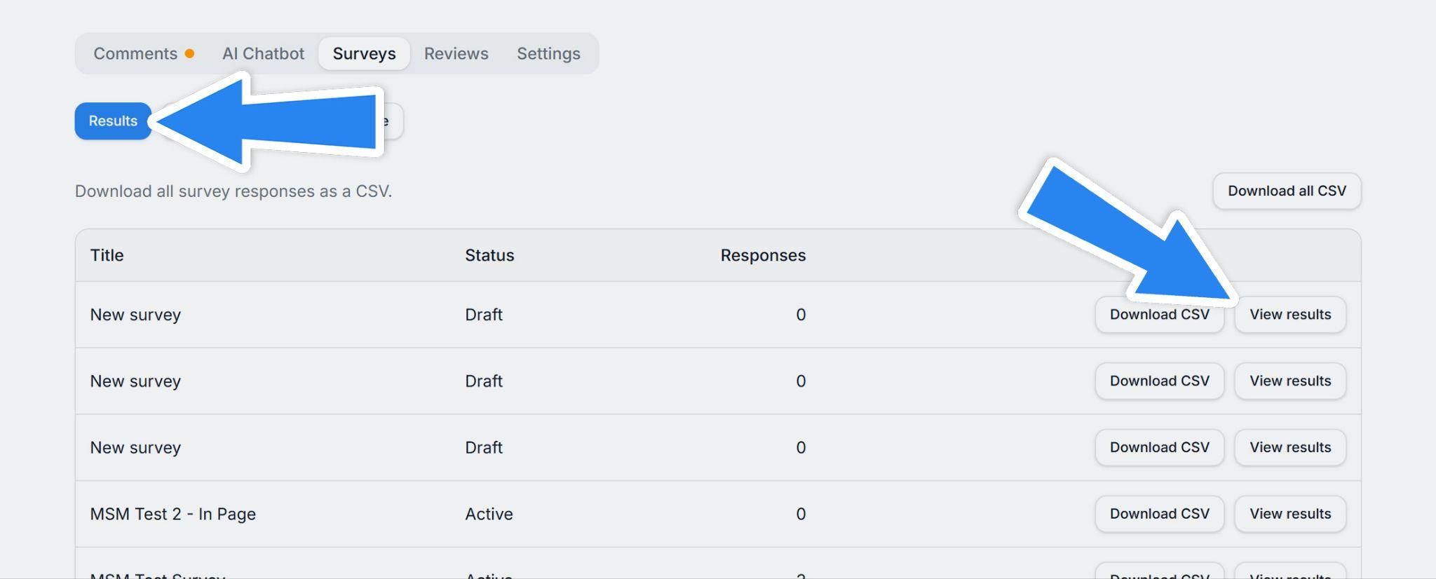 Results tab listing surveys with response counts and download buttons