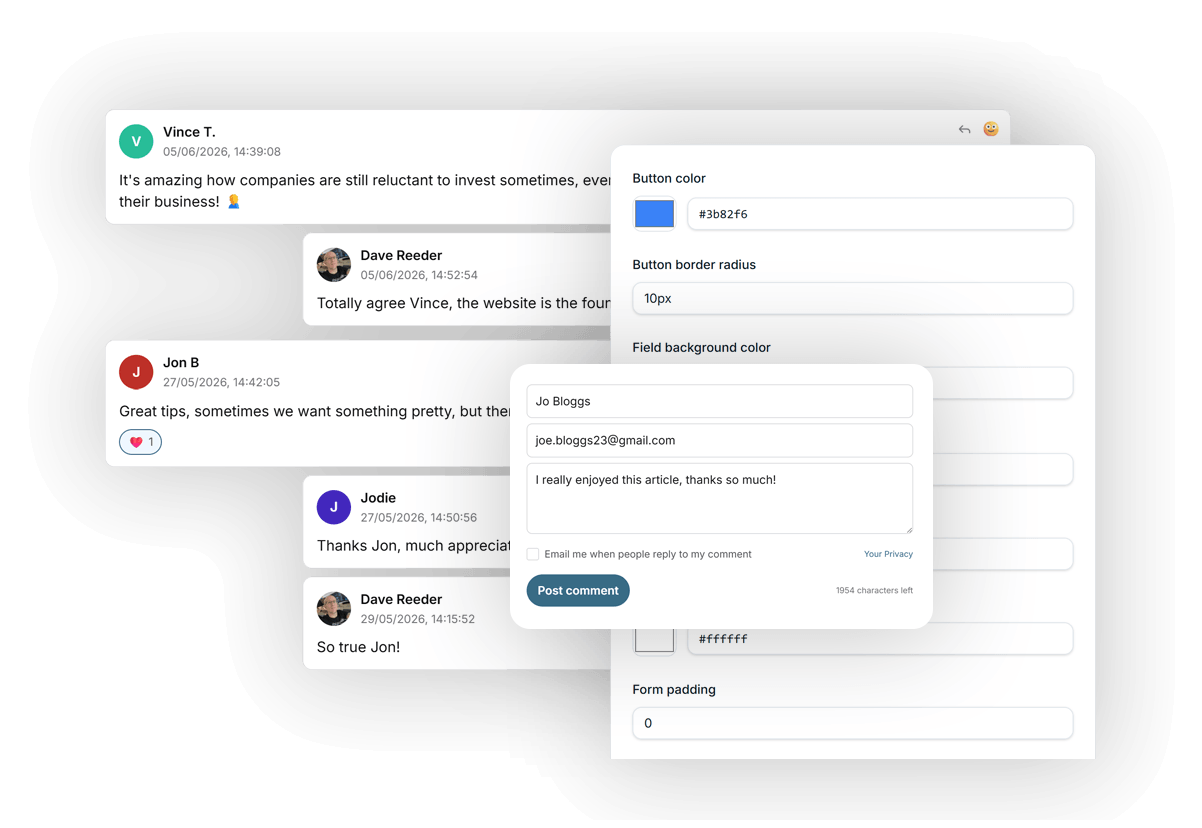AI-moderated comments widget and styling preview