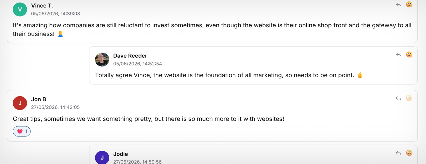 Example of a threaded comment discussion with replies and reactions