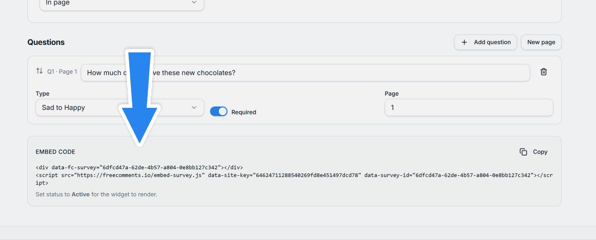 Embed code snippet for the survey