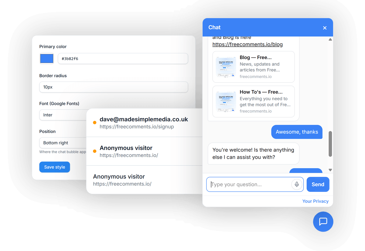 AI chatbot widget and dashboard styling preview