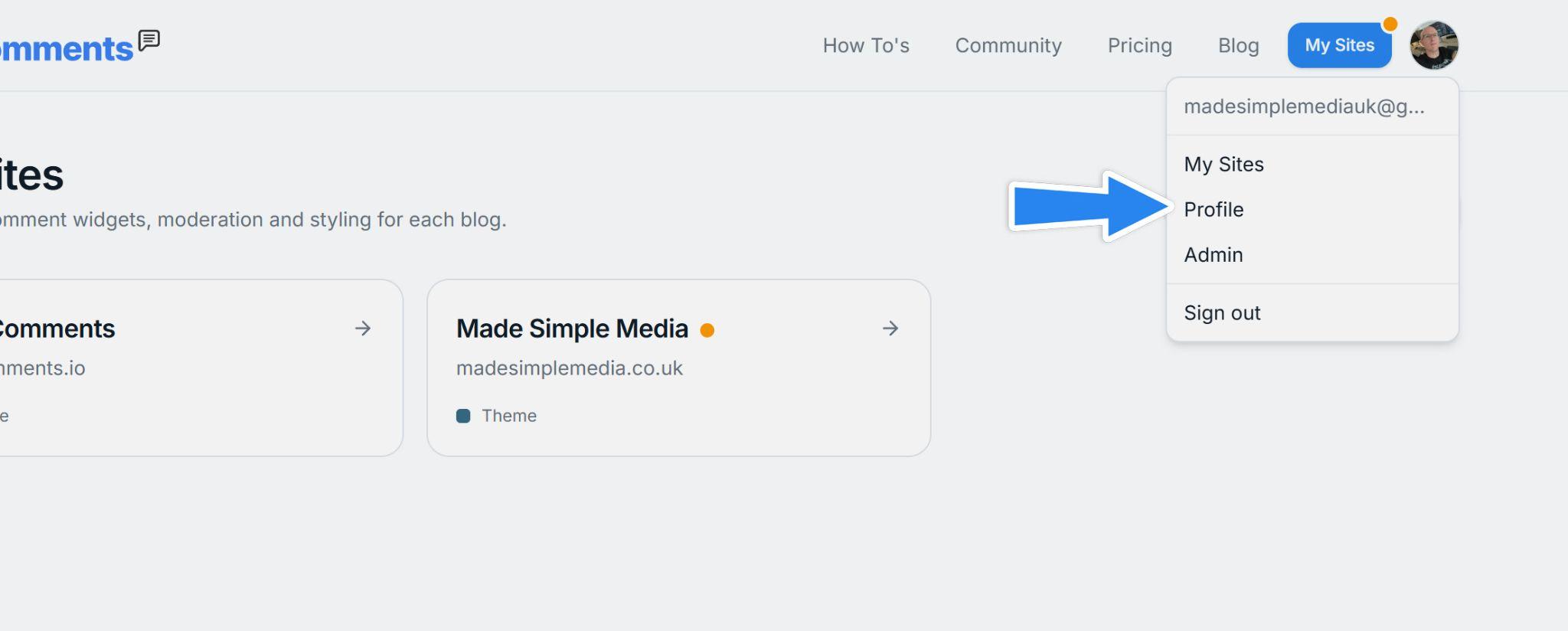 Profile dropdown menu open with the Profile link highlighted