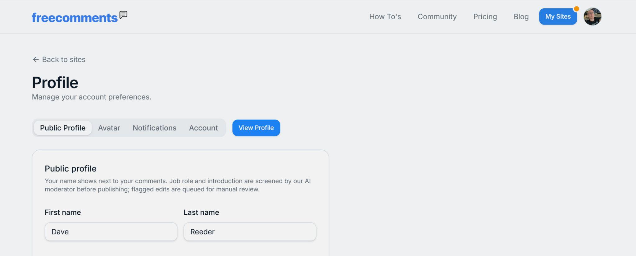 Free Comments profile page showing the Public Profile, Avatar, Notifications, and Account tabs